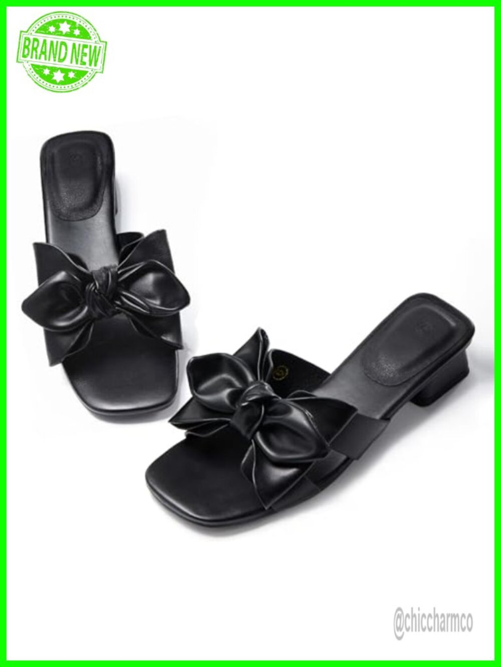 Faux Leather Block Heel Slides with Bow Slip On Mule Sandals